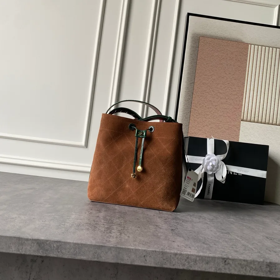 Chanel mini bucket bag catalog photo with drawstring detail