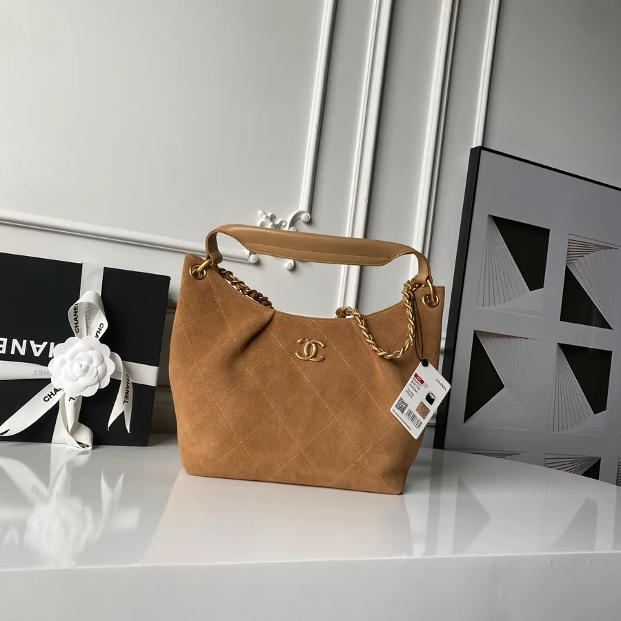 Chanel suede shoulder bag catalog photo with chain handle