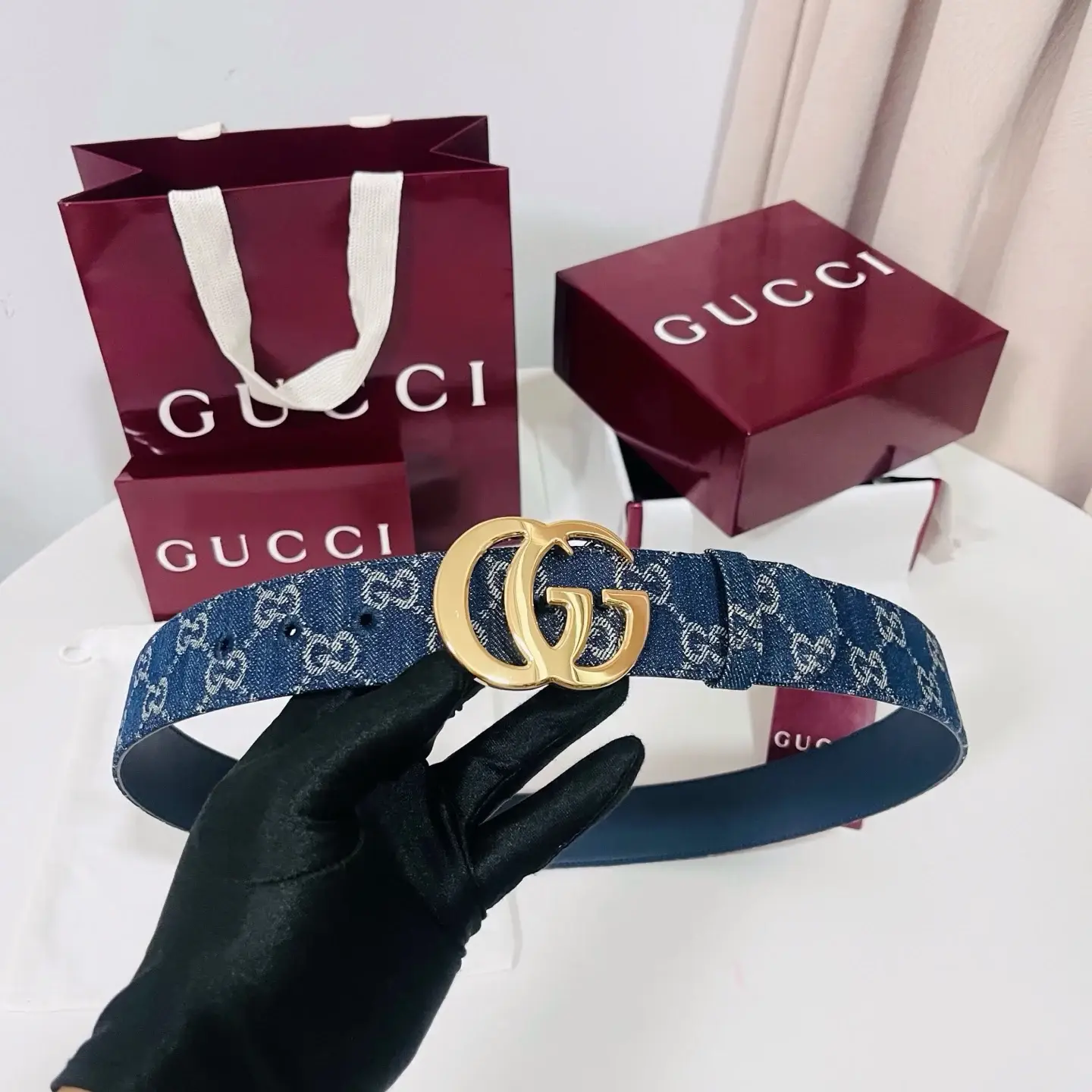 Gucci washed blue denim belt catalog photo