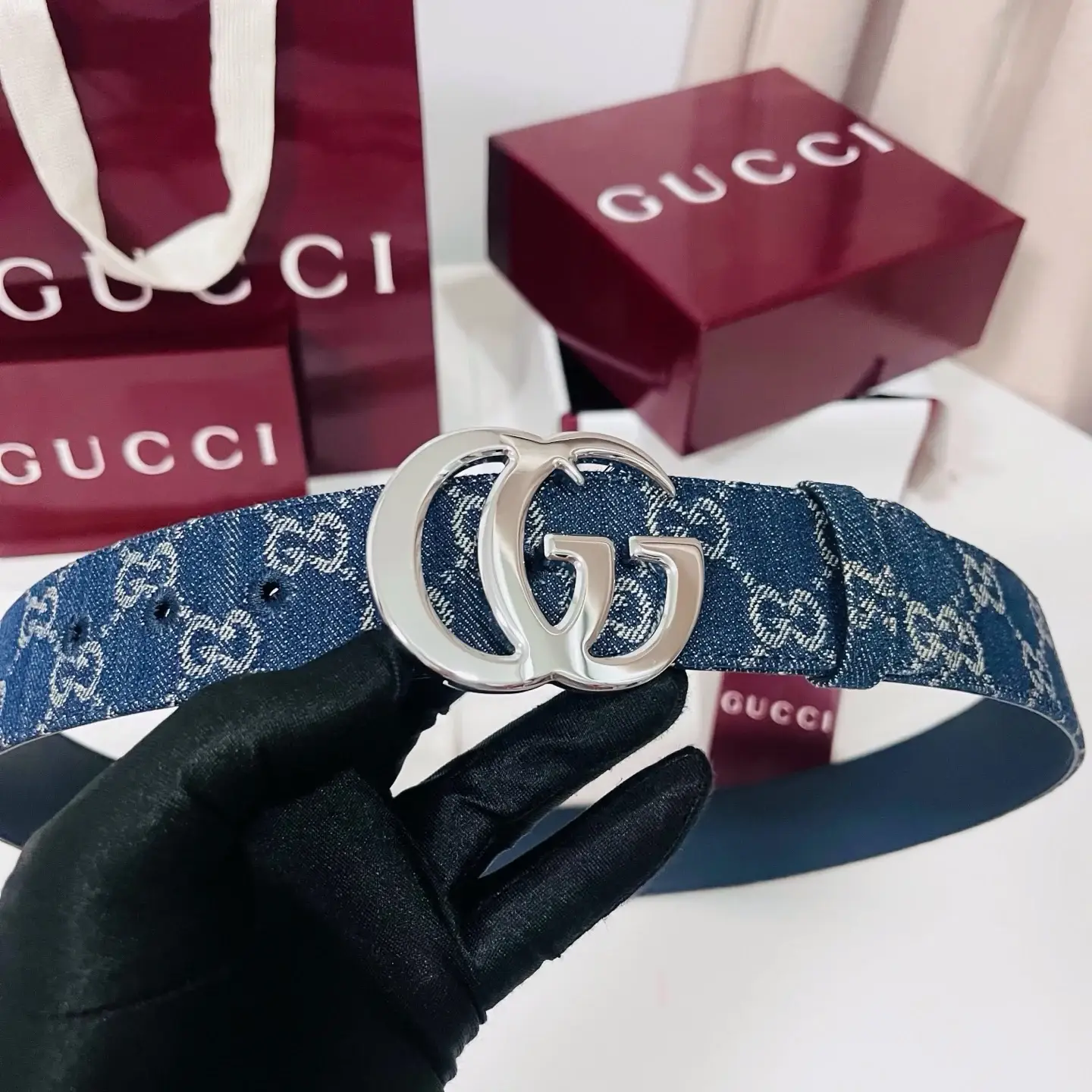 Gucci washed blue denim belt catalog photo