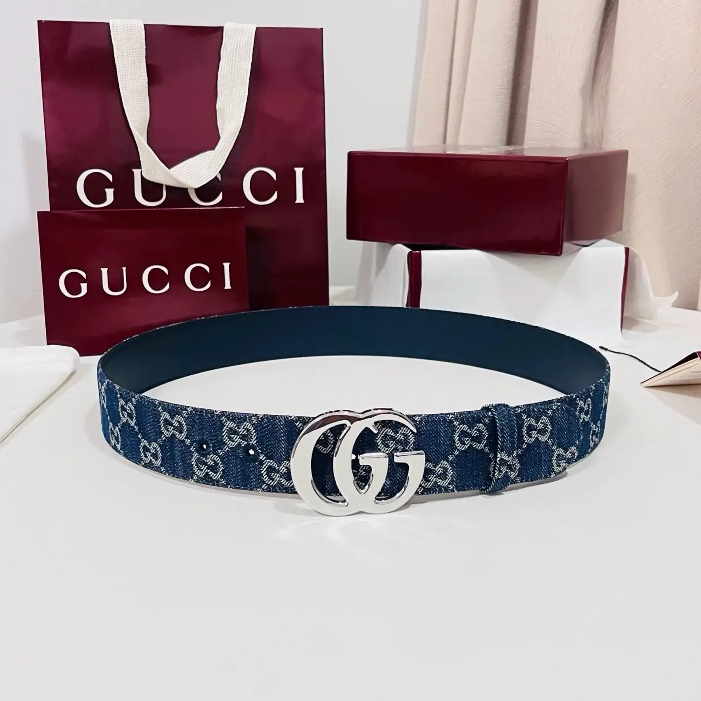 Gucci washed blue denim belt catalog photo
