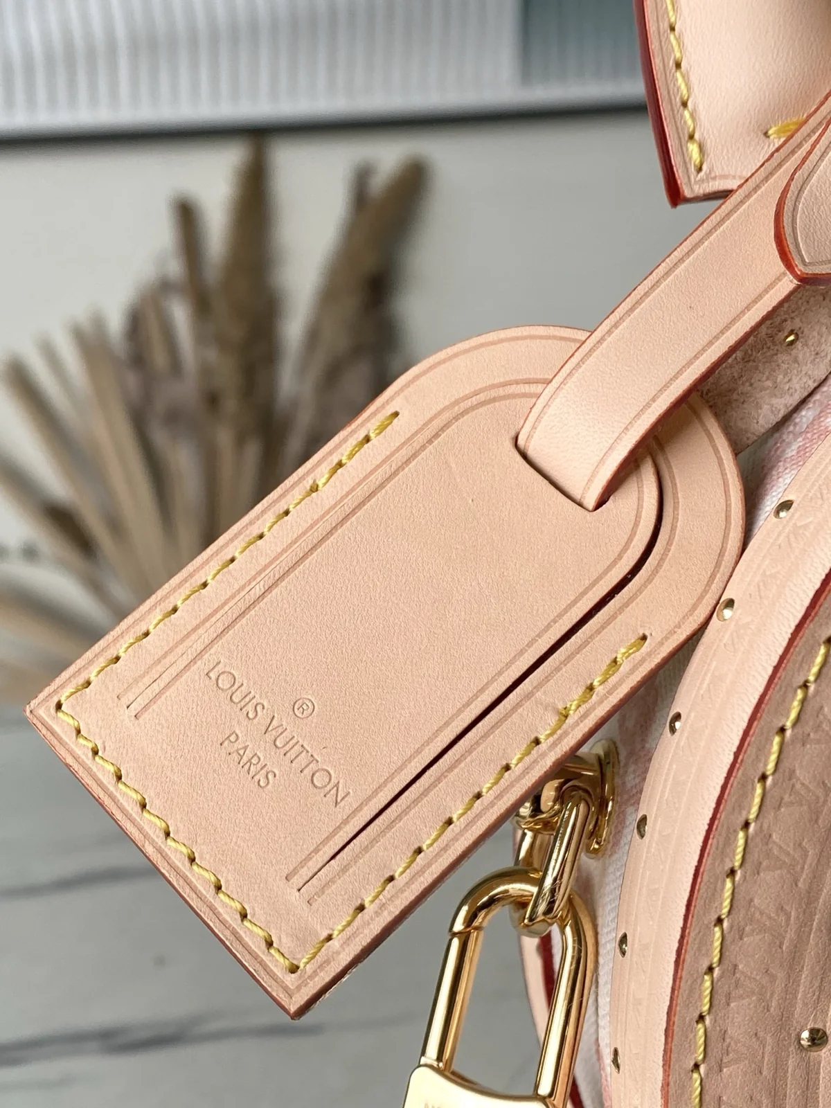 Close-up of LV leather luggage tag on Boîte Chapeau