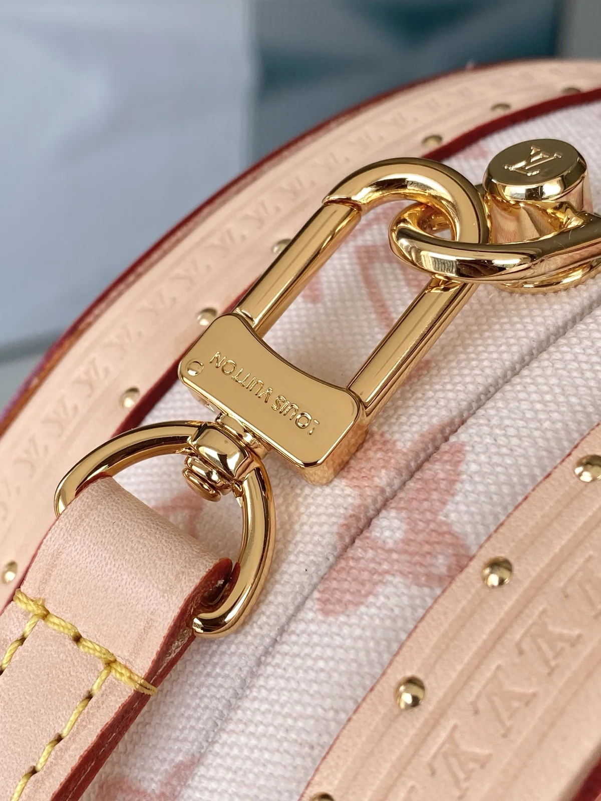 LV Boîte Chapeau gold clasp and strap hook detail
